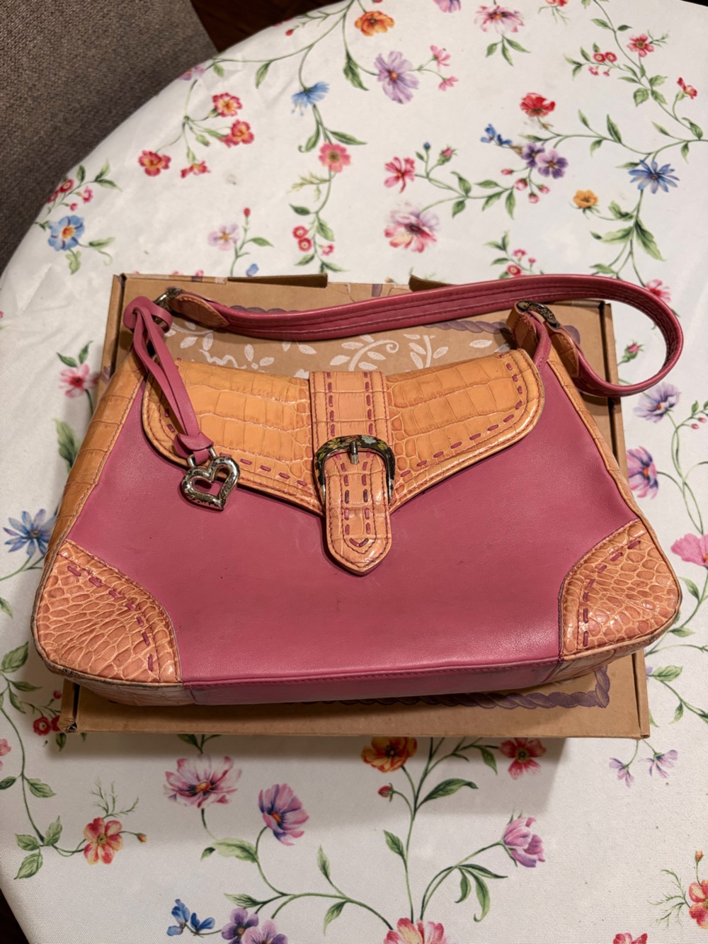 Brighton Two-Tone Pink and Tan Shoulder Bag with Heart Charm Accent